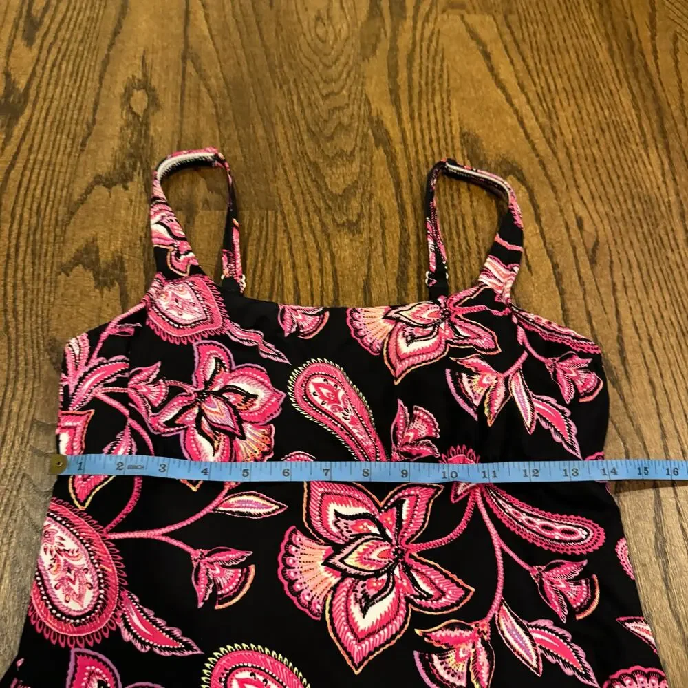 Lands End Womens Pink Black Paisley Underwire Tankini Swim Suit Top Size 8